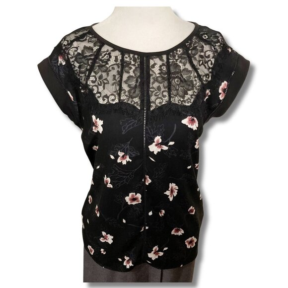 RW&CO Black cherry blossom print top w/ floral lace neckline ~ XS SMALL shirt - Picture 1 of 16